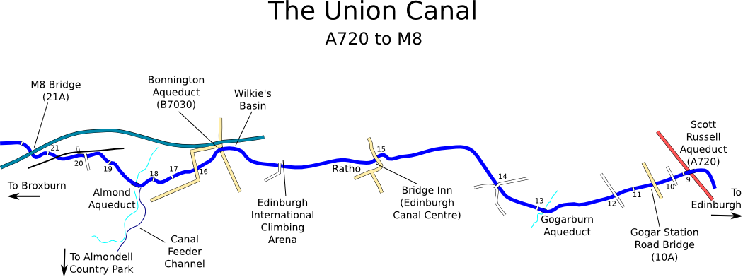 Map of Union Canal from Edinburgh Bypass to M8 crossing