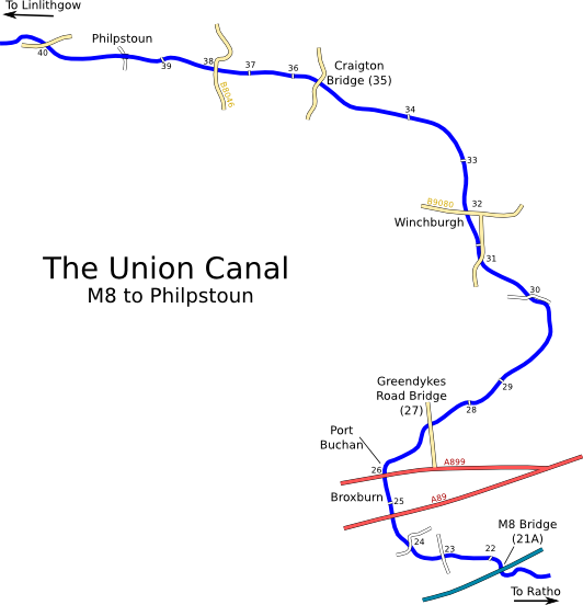 Map of Union Canal from M8 crossing to Philpstoun